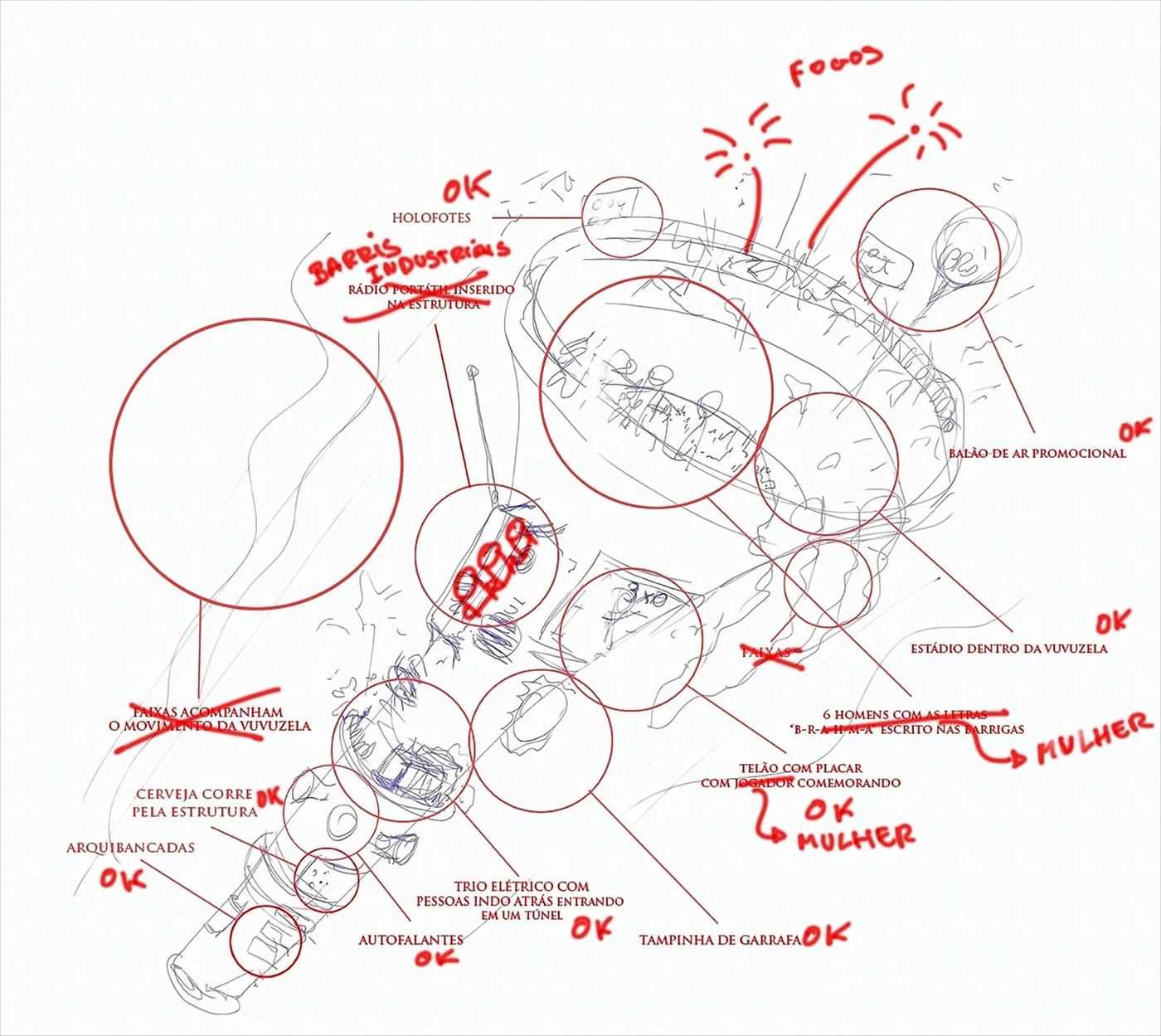 Sketch of the vuvuzela transformed into a stadium, with notes on the composition, crowd and fireworks.