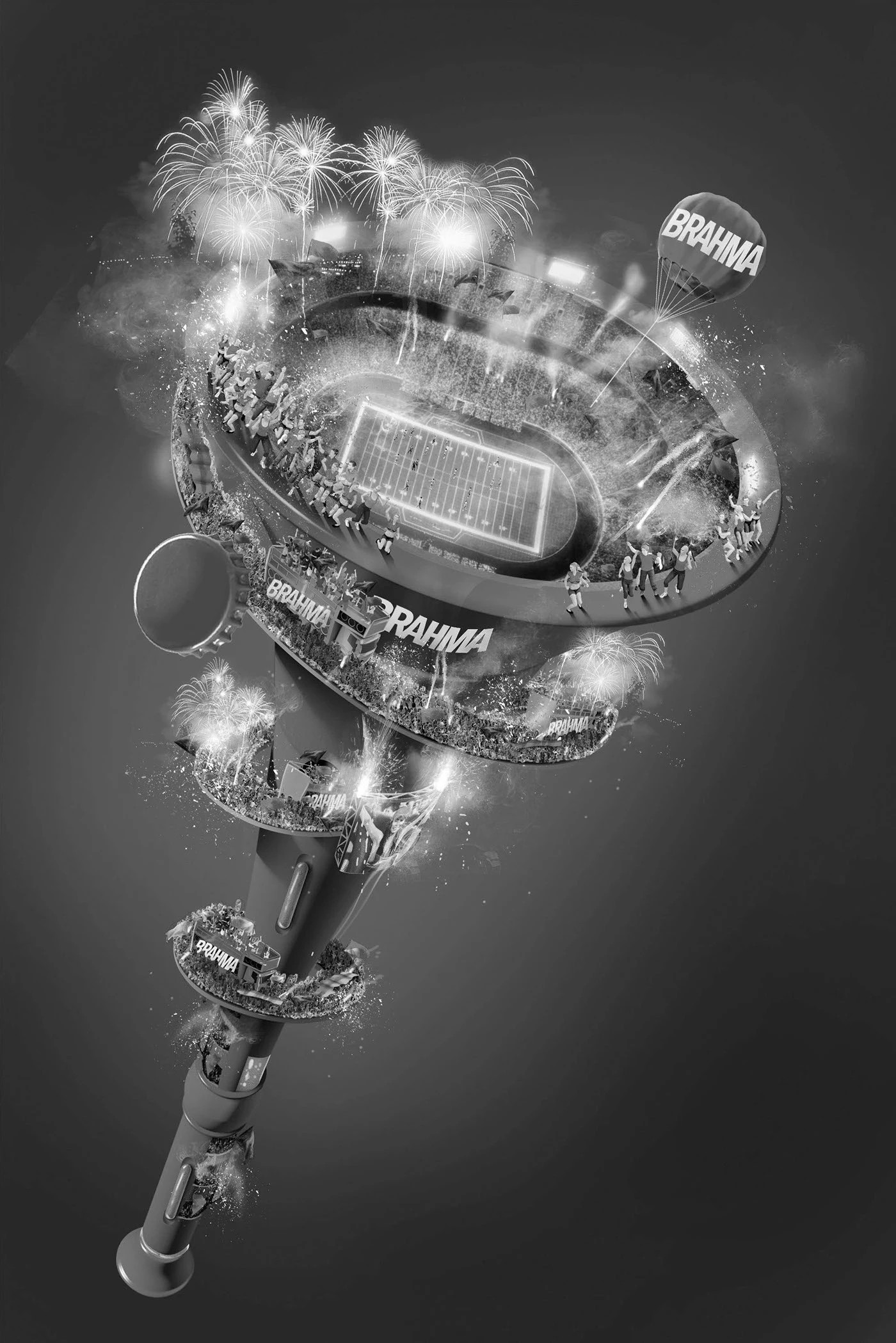 Grayscale study of the vuvuzela with a stadium, stands and crowds along its structure.